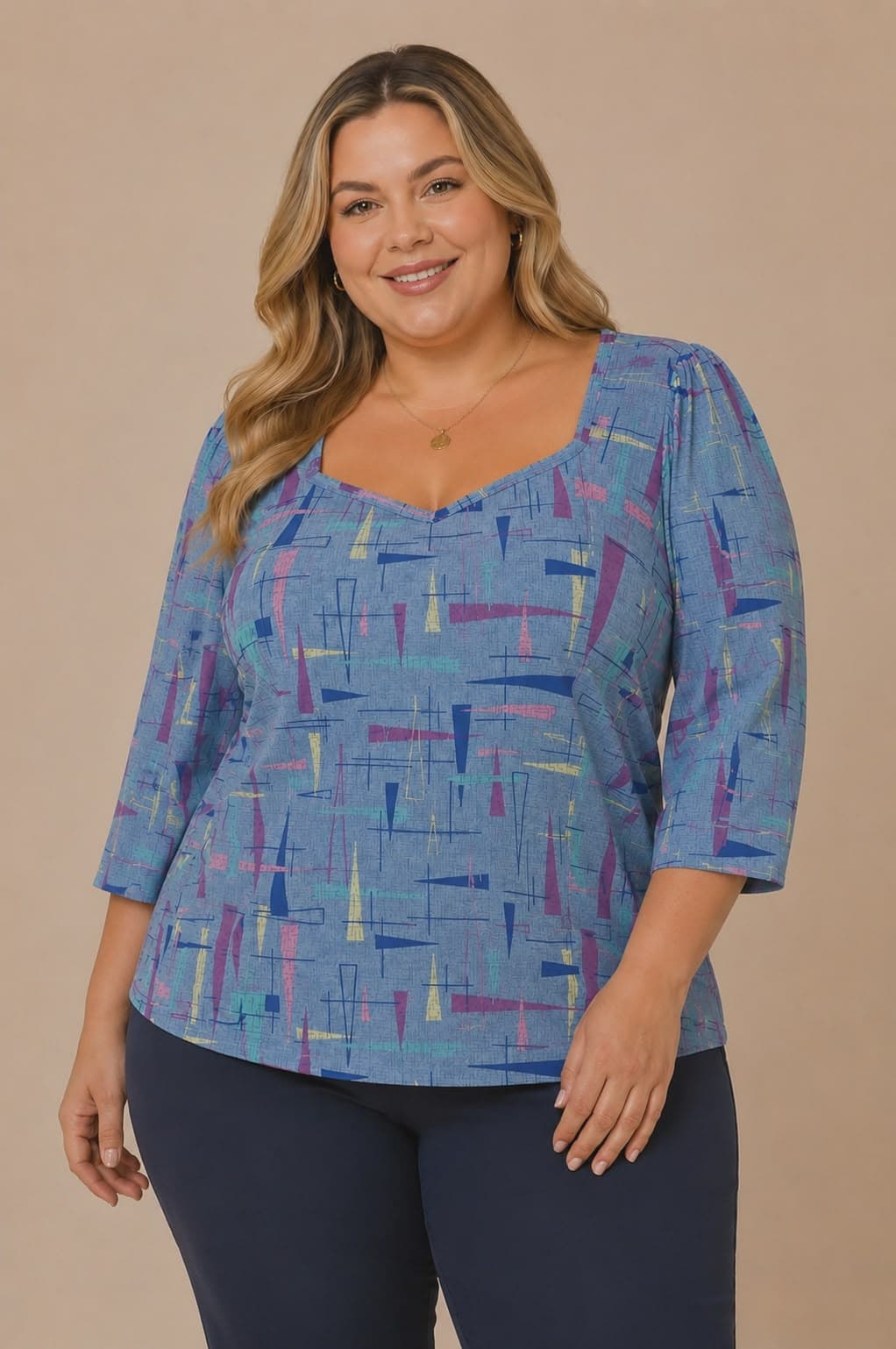 BLUSA FEMININA 7/8 VISCOLYCRA DECOTE PRINCESA ESTAMPADA