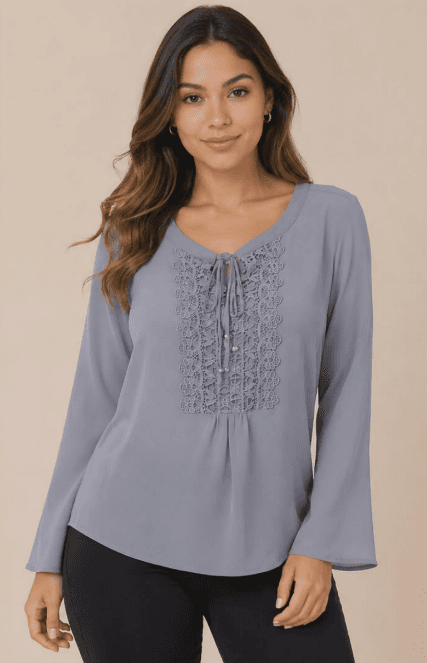 BLUSA BATA DET RENDA M/L CREPE MANGA BOCA DE SINO