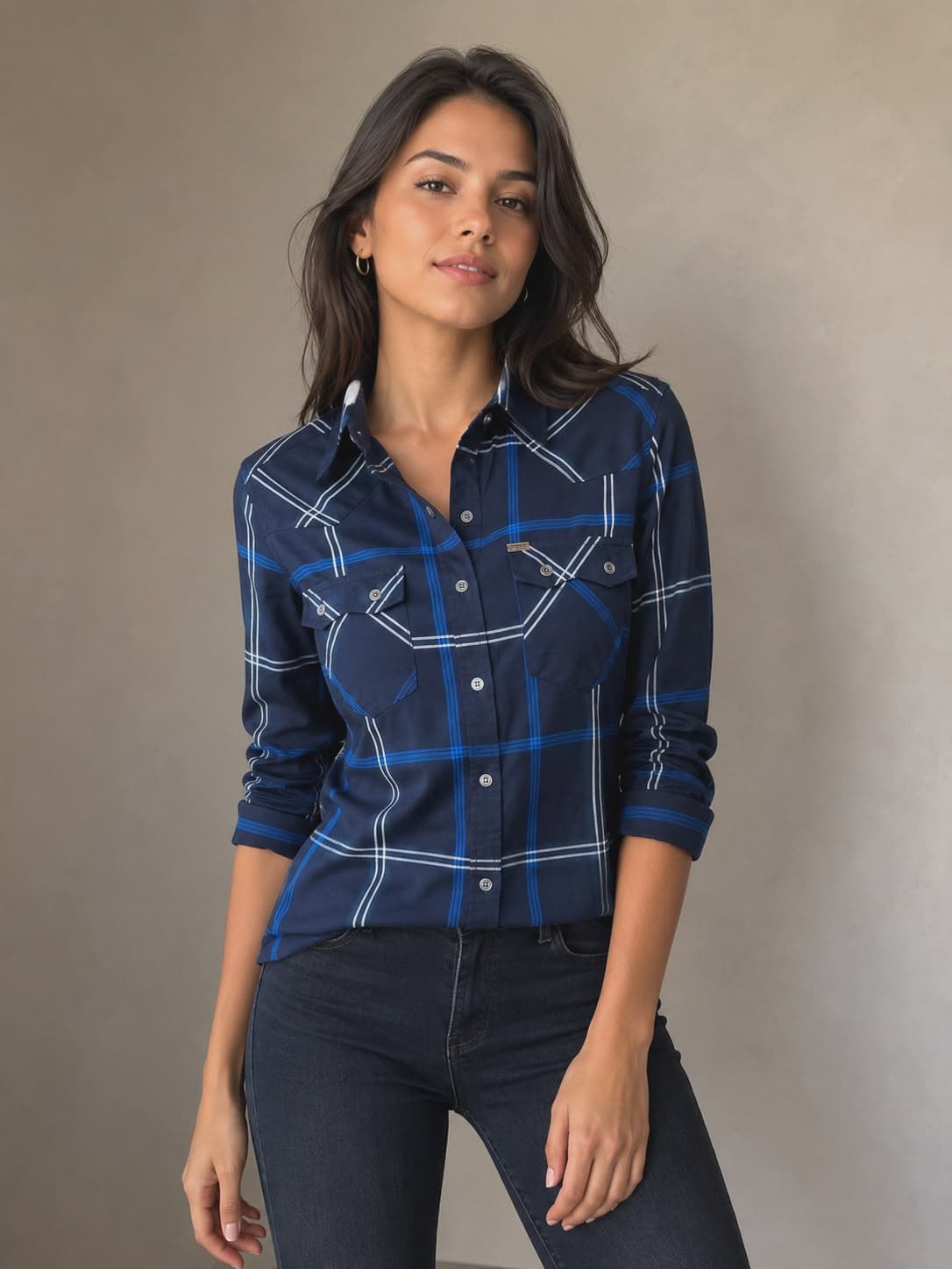 CAMISA FEMININA M/L XADREZ C/ BOLSOS