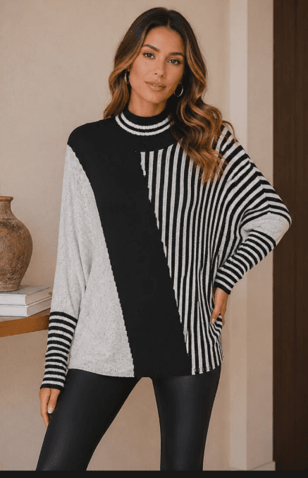 BLUSA TRICOT MOUSSE MANGA MORCEGO ALONGADA BICOLOR