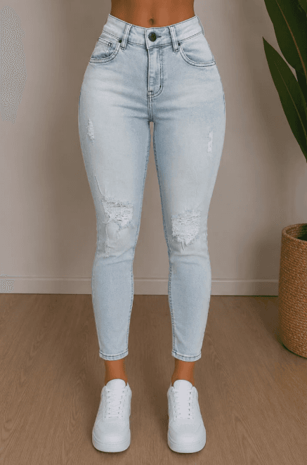 CALÇA SKINNY FEMININA JEANS DESTROYED