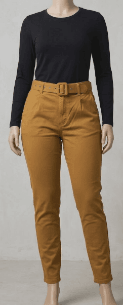 CALÇA FEMININA CIGARRETE SARJA COLOR BOLSO FACA C/ CINTO