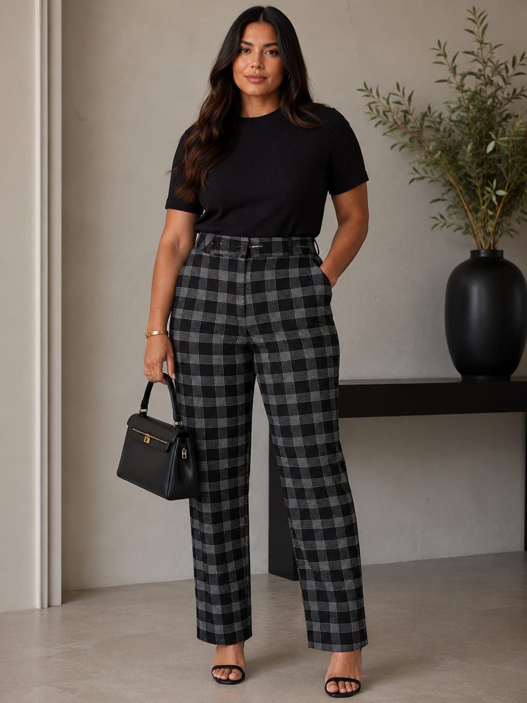 CALÇA FEMININA RETA XADREZ ALFAIATARIA