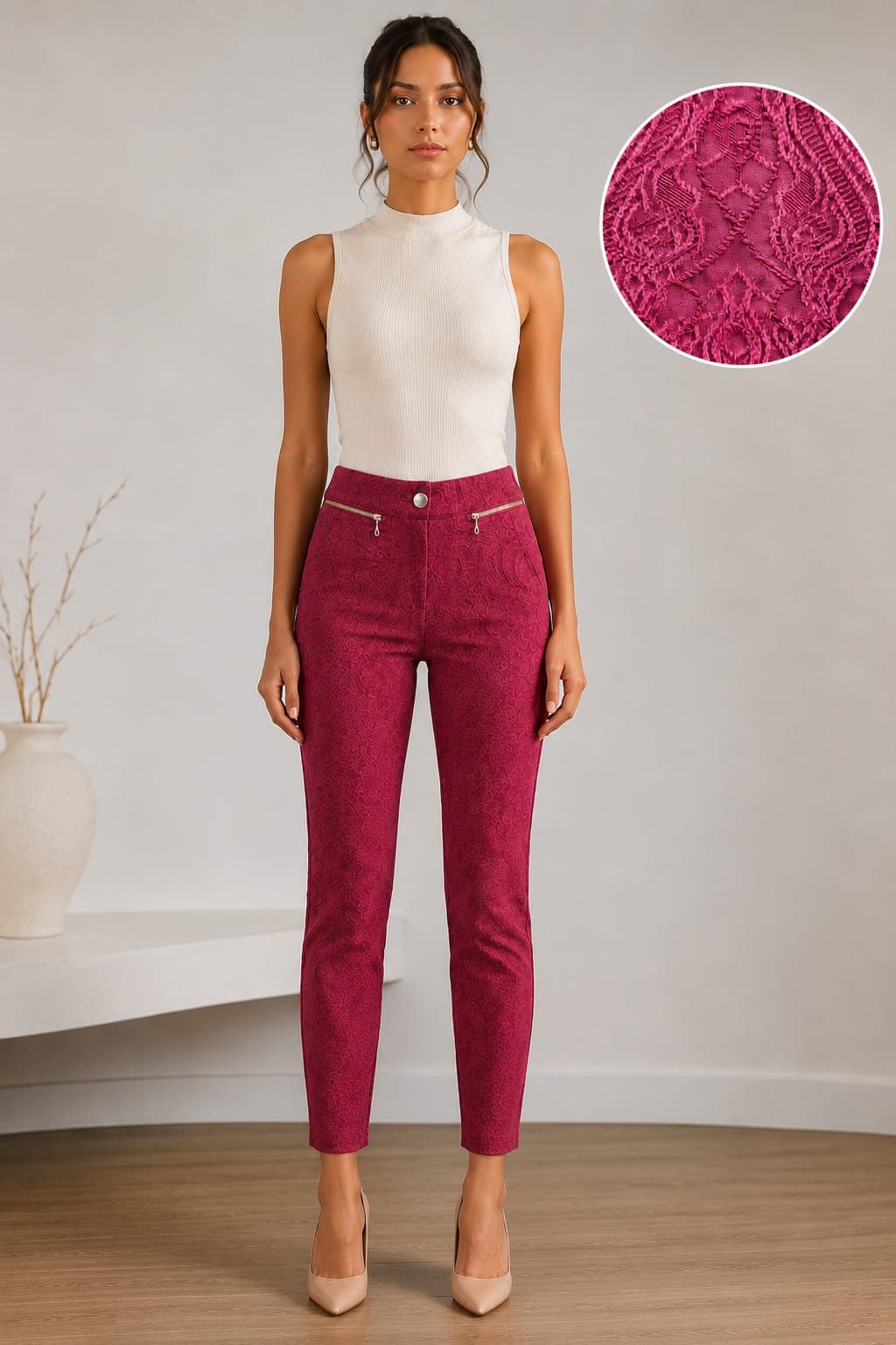 CALÇA FEMININA CIGARRETE JACQUARD CÓS MEDIO ZIPER