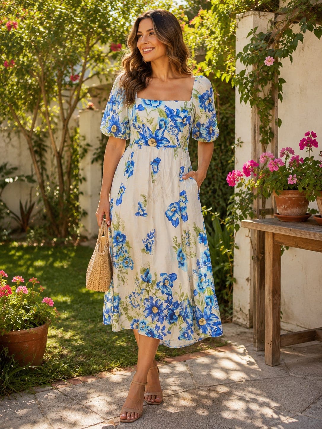 VESTIDO MIDI DEC QUADRADO FLORAL VISCOSE