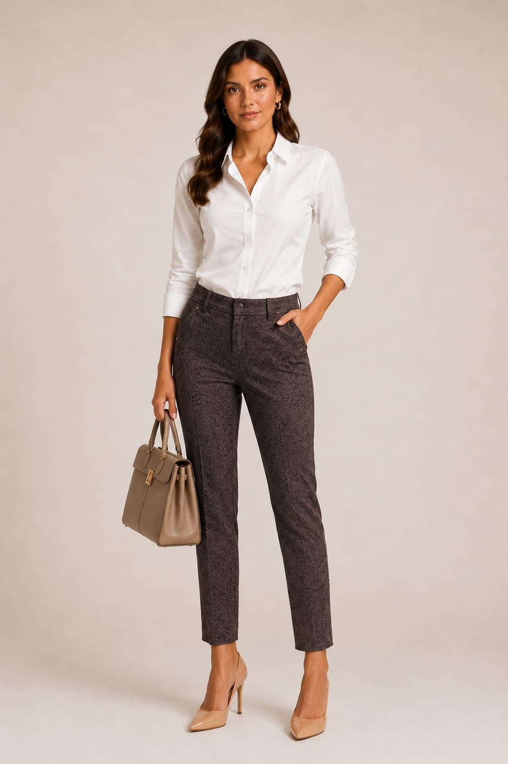 CALÇA FEMININA CIGARRETE JACQUARD CÓS MEDIO