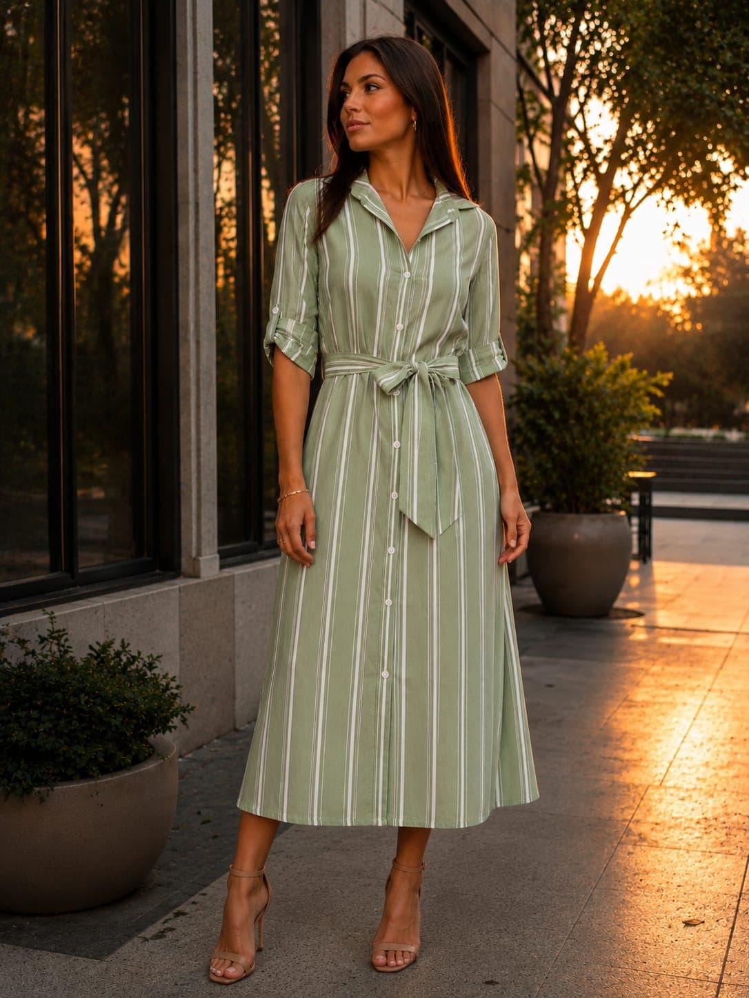 VESTIDO MIDI CHEMISE C/ CINTO VISCOSE LISTRADO